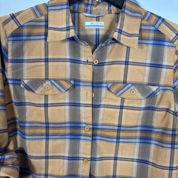 Columbia Shirt Women XL Brown Plaid Roll Tab Long Sleeve Button Up Blouse Fall - Picture 4 of 12